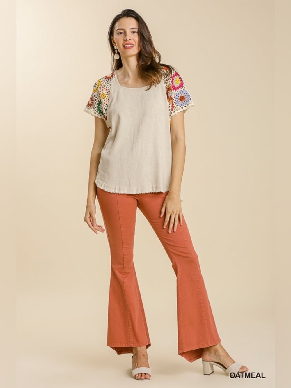 Umgee Donna Linen Blend Crochet Grandma Square Hippie Cottagecore Frayed Hem Top - Picture 6 of 9